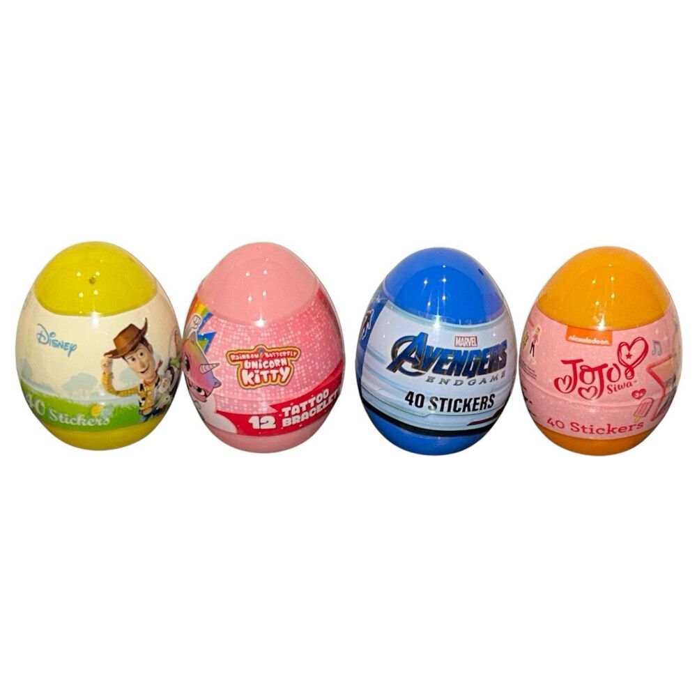 4x JoJo Siwa/Marvel/ Unicorn Kitty/Toy Story Plastic Eggs Tattoos & Stickers